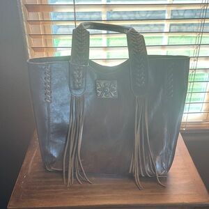 American West Dark Brown Leather Tote with Fringe